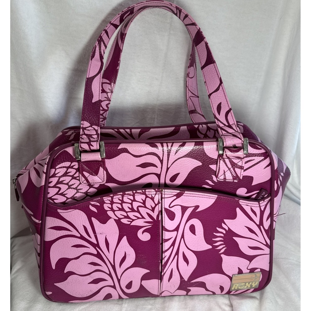 Vintage Roxy Hot Pink Tropical Floral Duffle Bag Suitcase Y2K 90s Luggage 16x12"